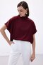 Women's Burgundy Half Fisherman High Neck Short Sleeve Satin Flowy Comfortable Fit Blouse - 5
