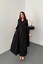 Women's Black Shirt Collar Belted Waist Long Sleeve Pocketed Buttoned Flared Maxi Dress