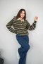 Women's Green Striped Polo Collar Buttoned Long Sleeve Oversize Drop Shoulder Knitwear Sweater - 2