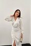 Women's White Satin Double Breasted V-Neck Long Sleeve Gathered Slit Midi Evening Dress - 3