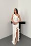 Women's White One-Shoulder Ruffled Slit Draped Sleeveless Long Wedding Graduation Evening Dress - 2