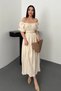 Women's Beige Madon Collar Off Shoulder Elastic Waist Short Balloon Sleeve Linen Fabric Maxi Dress - 2
