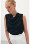 Women's Black Degaje Collar Sleeveless Satin Blouse Draped Comfortable Fit Draped Evening Dress Top - 4