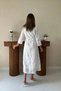 Women's White Shirt Collar Brode Scallop Embroidered Buttoned Belted Three Quarter Sleeve Midi Dress - 5