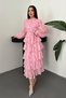 Women's Pink Floral Patterned High Neck Buttoned Belted Layered Flounce Long Sleeve Midi Dress - 2