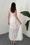 Women's White Square Collar Thick Strap Scallop Brode Embroidered Flared Skirt Long Maxi Cotton Dress - 5