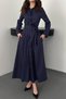 Women's Navy Blue Shirt Collar Belted Pocketed Long Sleeve Buttoned Poplin Maxi Dress - 4