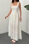 Women's White Square Collar Thick Strap Scallop Brode Embroidered Flared Skirt Long Maxi Cotton Dress - 4