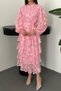 Women's Pink Floral Patterned High Neck Buttoned Belted Layered Flounce Long Sleeve Midi Dress - 4