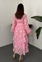 Women's Pink Floral Patterned High Neck Buttoned Belted Layered Flounce Long Sleeve Midi Dress - 5