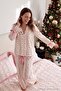 Ekru %100 Pamuklu Yılbaşı Temalı Biye ve Kurdele Detaylı Örme Pijama Takımı THMAW27PT00212 - 3
