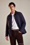 Dark Navy Blue Velvet Collared Pocketed Lined Slit Regular Fit Seasonal Men's Coat Tmnaw27Mo00006 - 3