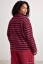 Burgundy Striped Polo Collar Relax Fit Knitted Oversize T-Shirt Tbbaw27Bf00004 - 3