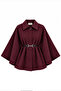 Women's Burgundy Gold Button Detailed Poncho Cape with Belt and Textured Embroidery - 2