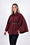 Women's Burgundy Gold Button Detailed Poncho Cape with Belt and Textured Embroidery - 4