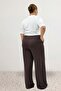 39000 Plus Size High Waist Elastic Combed Cotton Trousers - Brown - 5