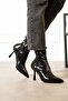 Marya Women's Black Stretch Wrinkled Patent Leather Pointed Toe Warm Lined Zippered 7 cm Thin Heeled Boots - 6