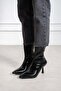 Marya Women's Black Stretch Wrinkled Patent Leather Pointed Toe Warm Lined Zippered 7 cm Thin Heeled Boots - 2