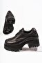 Genuine Leather Black Women's Serrated Platform Sole Loafer Shoes Trc-3003 - 3