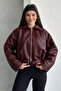 Women's Burgundy Plush Lined Faux Leather Jacket Belt Detailed Fur O Oversized Short Coat - 3