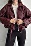 Women's Burgundy Plush Lined Faux Leather Jacket Belt Detailed Fur O Oversized Short Coat - 5
