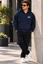 Men's Navy Blue Hooded Zippered Oversize Sweatshirt Winter School Cardigan with Embossed Print - 5