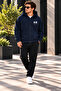 Men's Navy Blue Hooded Zippered Oversize Sweatshirt Winter School Cardigan with Embossed Print - 4