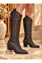 Women's Bitter Dark Brown Matte Leather Embroidered Cowboy Boots - 3