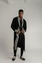 Striped Hair Braided Long Sports Men's Knitwear Cardigan-Black Ecru Striped Long Knitwear Cardigan with Pockets - 2