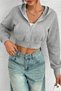 Gri Basic Fermuarlı Kapüşonlu Crop 3 İplik Örme Sweatshirt - 5