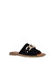 Genuine Suede Leather Flat Women's Slippers with Buckle and Black Gold Chain Detail - 2