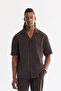 Men's Coffee Cuban Collar Tencel Textured Comfort Fit Short Sleeve Shirt A61Y2008