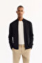 Men's Black Stand Collar Zippered Rayon Non-Pilling Knitwear Regular Fit Cardigan A52Y5013