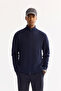 Men's Navy Blue Stand Collar Zippered Cotton Soft Touch Textured Regular Fit Cardigan A52Y5181