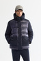 Men's Navy Blue Hooded Water Repellent Windproof Shiny Puffer Comfort Fit Coat A42Y6104