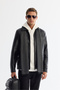 Men's Black Classic Collar Pocket Leather Look Comfort Fit Coat A42Y6024