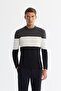 Men's Black Crew Neck Color Block Knitwear Regular Fit Sweater A42Y5032