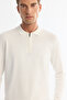 Men's Ecru Zippered Polo Collar Rayon Non-Pilling Regular Fit Knitwear Sweater A42Y5009 - 2