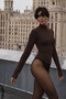 Women's Turtleneck Long Sleeve Body Sheer Line Brown – Semi-Transparent, Fit Pattern - 2