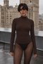 Women's Turtleneck Long Sleeve Body Sheer Line Brown – Semi-Transparent, Fit Pattern