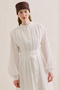 Pleated Belt Detail Long Sleeve Dress Ecru - 2