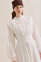 Pleated Belt Detail Long Sleeve Dress Ecru - 4