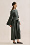 Linen Dress with Wide Belt Dark Green - 4