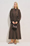 Draped Waist Adjustable Balloon Sleeve Dress Acikahve