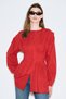Belly Pleated Detail Long Sleeve Bluz Red - 3
