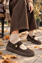 Genuine Leather Brown Suede Women's Leather Velcro Ballerinas Dp87-0182