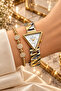 Triangle Case Gold Silver Women's Watch - Steel Band - Japanese Machine - Water Resistant - Special Boxed Dkby2059C5 - 2