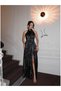 Halter Neck Patterned Slit Satin Dress