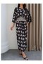 Patterned Waist Draped Double Breasted Collar Dress - 3