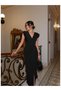 V-Neck Buckle Detail Padded Shoulders Dress - 2